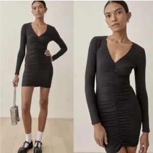 NWT Reformation Cally Stretch Organic Cotton Long Sleeve Dress XS Black Mini